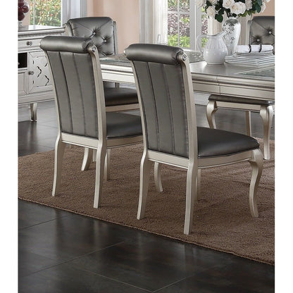 Luxury Antique Silver Wooden Set of 2 Dining Side Chairs Grey Faux Leather / PU Tufted Upholstered Cushion Chairs