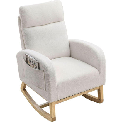 27.6"W Modern Accent High Backrest Living Room Lounge Arm Rocking Chair, Two Side Pocket, Teddy White (Ivory)