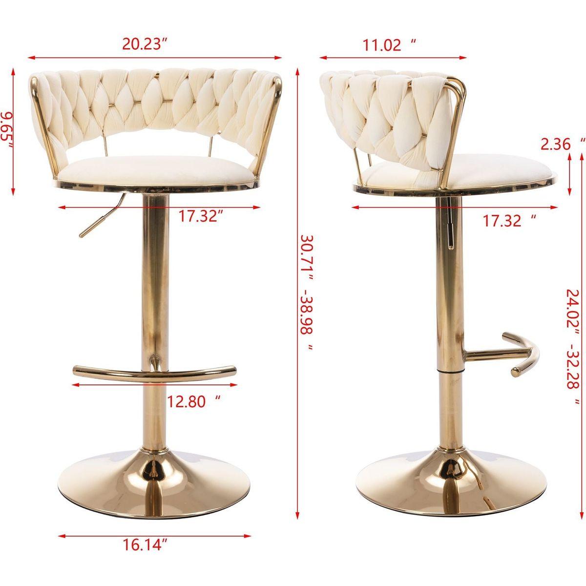 Set of 2 Bar Stools, with Chrome Footrest and Base Swivel Height Adjustable Mechanical Lifting Velvet + Golden Leg Simple Bar Stool-Cream - Streamdale Furniture