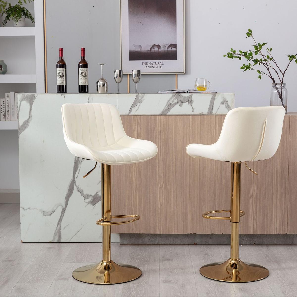 Chrome Footrest and Base Swivel Height Adjustable Mechanical Lifting Velvet + Golden Leg Simple Bar Stool, Set of 2, Ivory - Streamdale Furniture