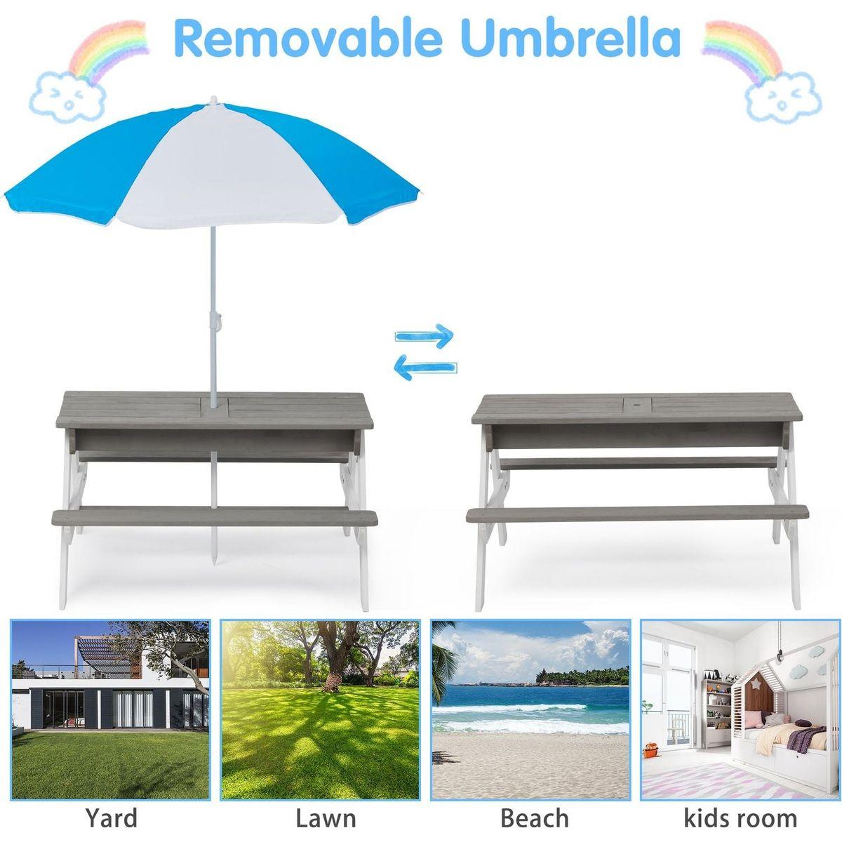3-in-1 Kids Outdoor Wooden Picnic Table With Umbrella, Convertible Sand & Wate, Gray ASTM & CPSIA CERTIFICATION