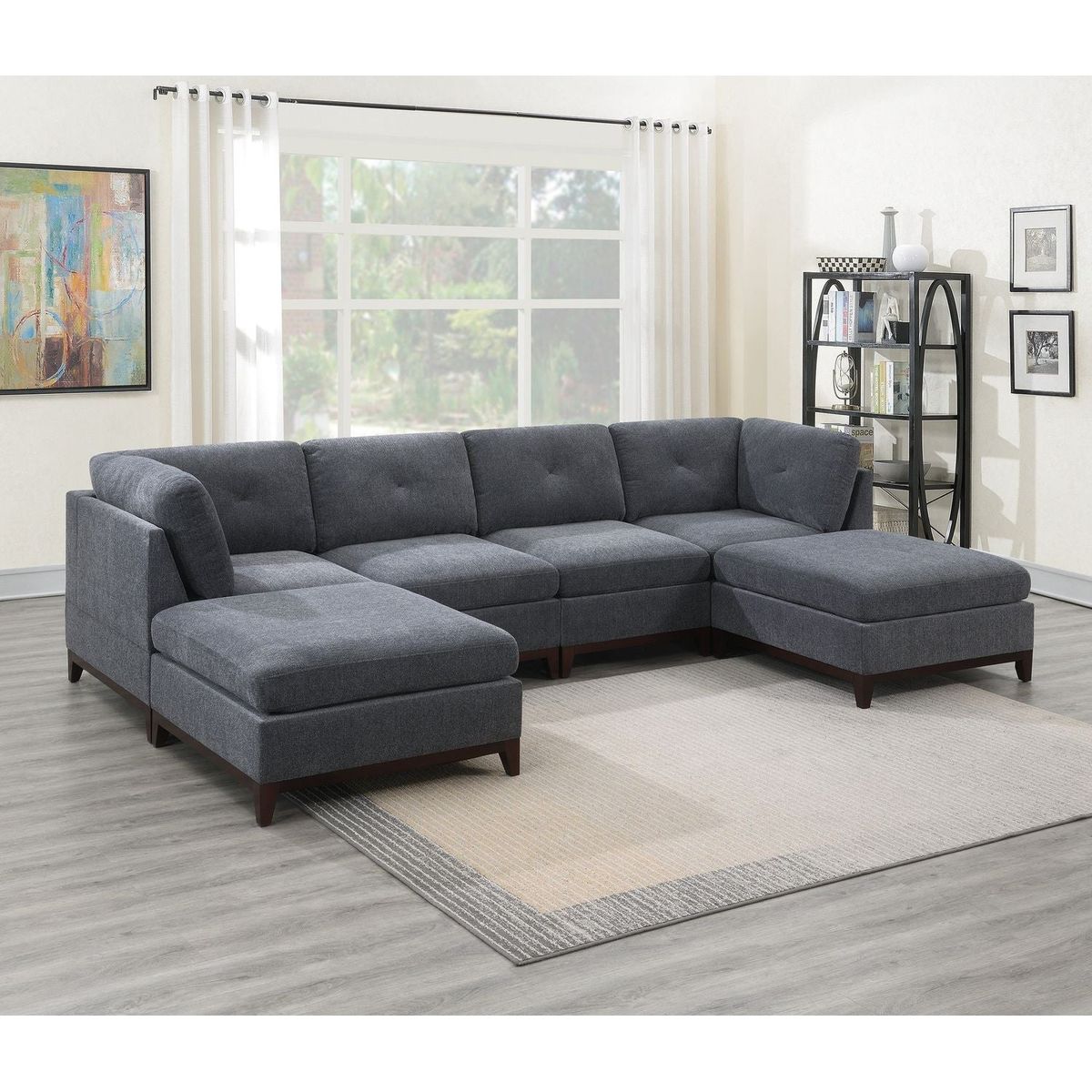 Ash Grey Chenille Fabric Modular Sectional 6pc Set Living Room Furniture U-Sectional Couch 2x Corner Wedge 2x Armless Chairs and 2x Ottomans Tufted Back Exposed Wooden Base