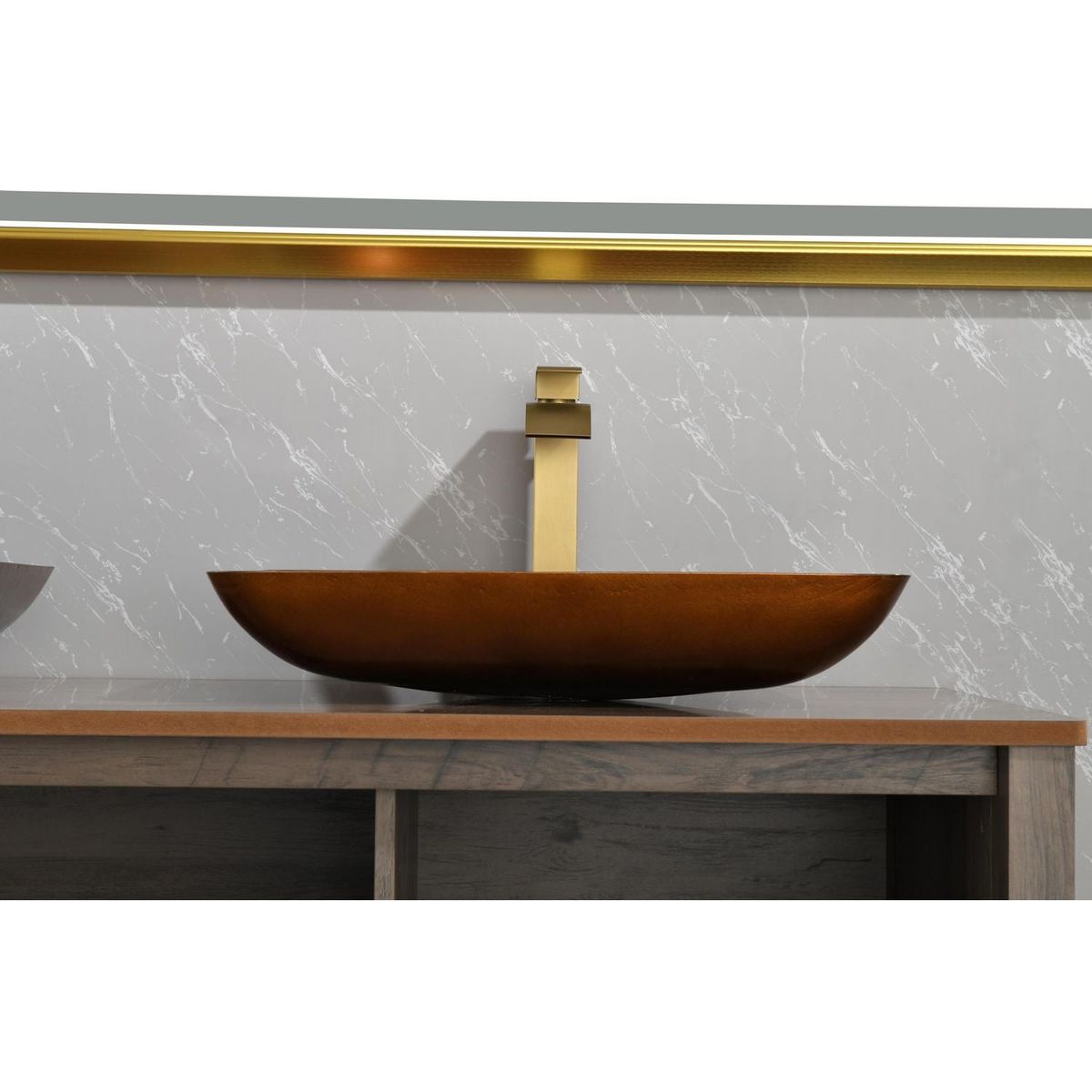 22.5" L -L -14.5" W -4 1/2 in. Handmade Glass Rectangle Vessel Bathroom Sink Set in Rich Chocolate Brown Finish with gold Faucet and gold Pop Up Drain