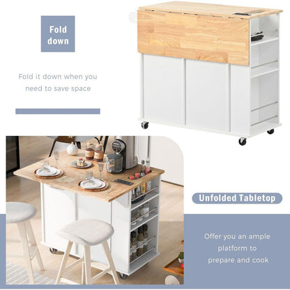 Kitchen Island with Power Outlet,Kitchen Storage Island with Drop Leaf and Rubber Wood,Open Storage and Wine Rack,5 Wheels,with Adjustable Storage for Home, Kitchen, and Dining Room,White