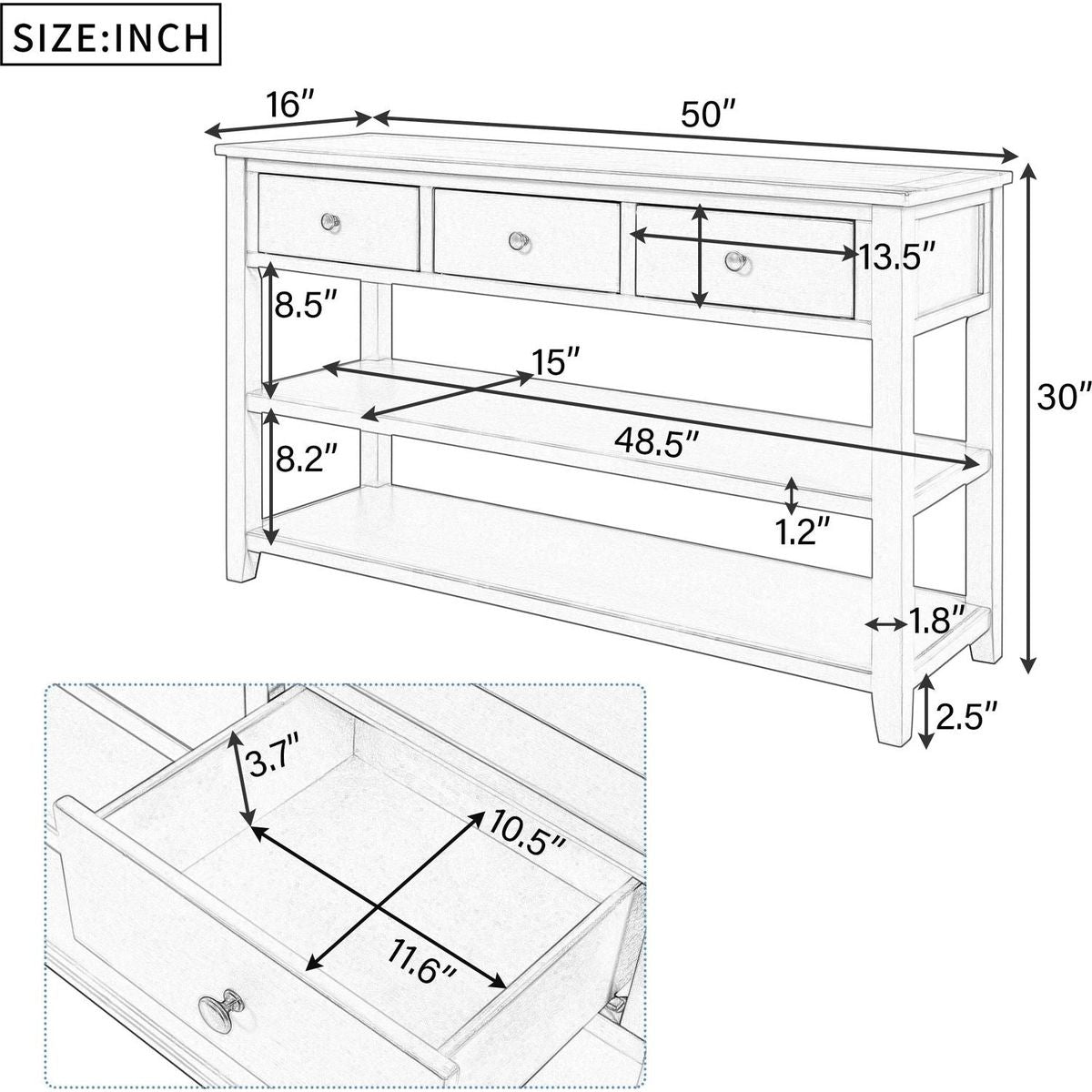 Retro Design Console Table with Two Open Shelves, Pine Solid Wood Frame and Legs for Living Room (Antique White)