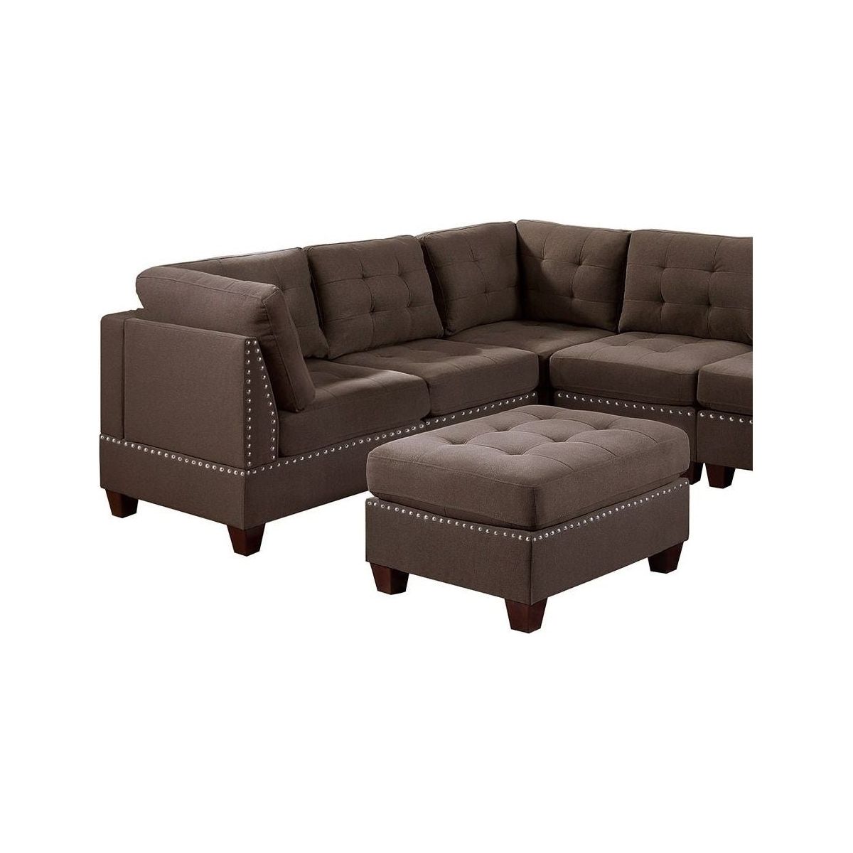 Contemporary Modular Sectional 8pc Set Living Room Furniture Corner L-Sectional Black Coffee Linen Like Fabric Tufted Nail heads 3x Corner Wedge 3x Armless Chair and 2x Ottoman