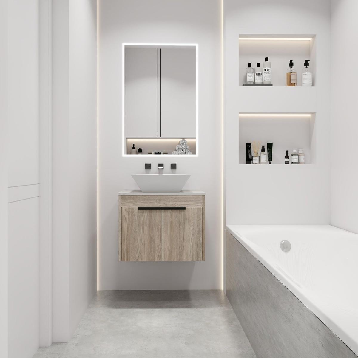 24" Modern Design Float Bathroom Vanity With Ceramic Basin Set, Wall Mounted White Oak Vanity With Soft Close Door, KD-PackingD-Packing Pieces