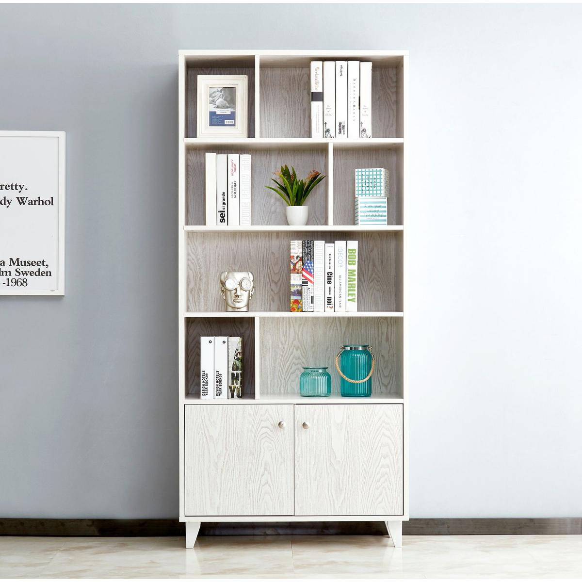 68" Bookcase with 2 Doors, Bookshelf, White