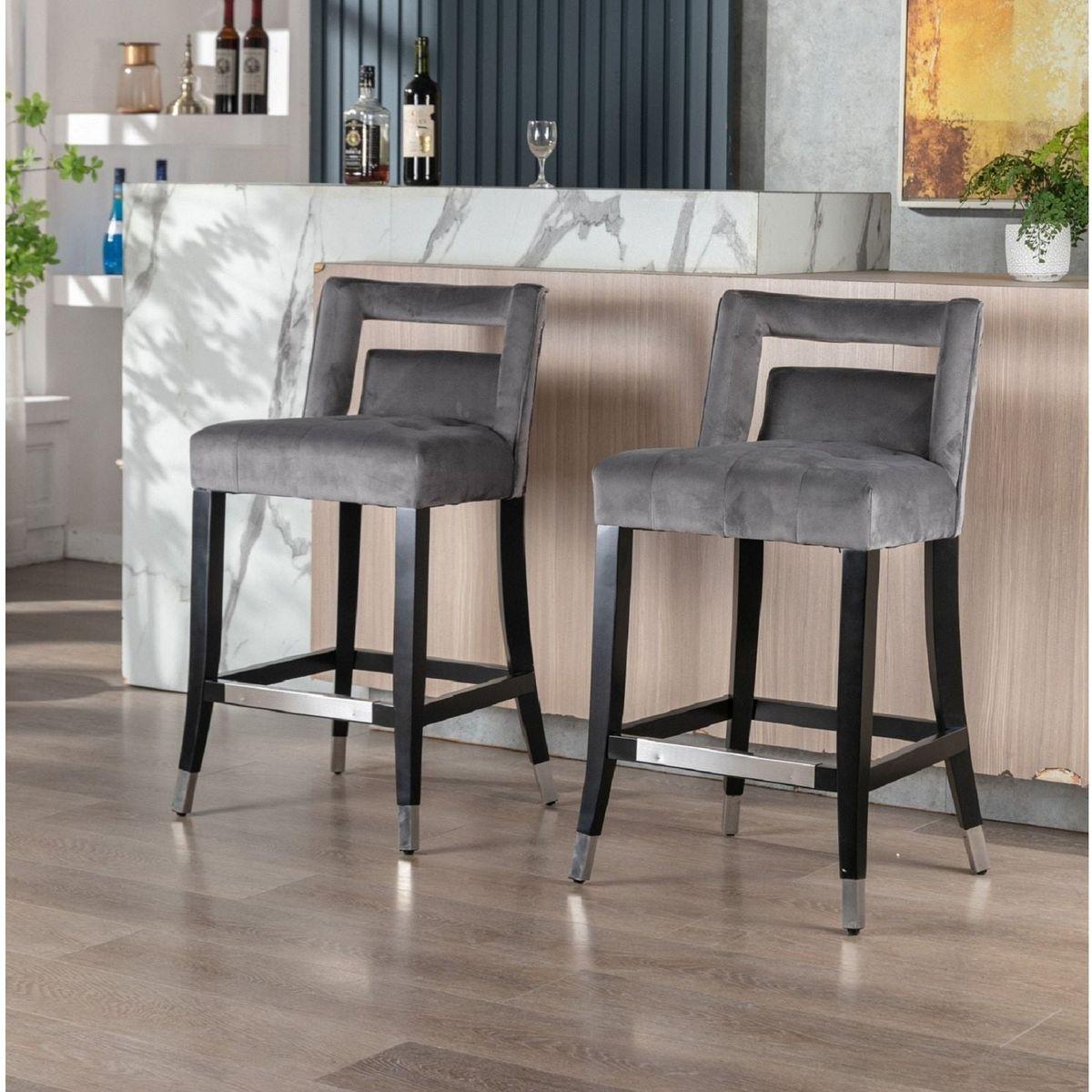 Suede Velvet Barstool with nailheads Dining Room Chair 2 pcs Set - 26 inch Seater height