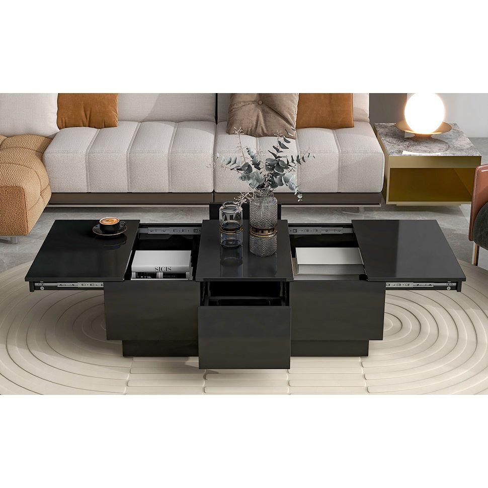 Multifunctional Coffee Table with 2 large Hidden Storage Compartment, Extendable Cocktail Table with 2 Drawers, High-gloss Center Table with Sliding Top for Living Room, 39.3"x21.6", Black