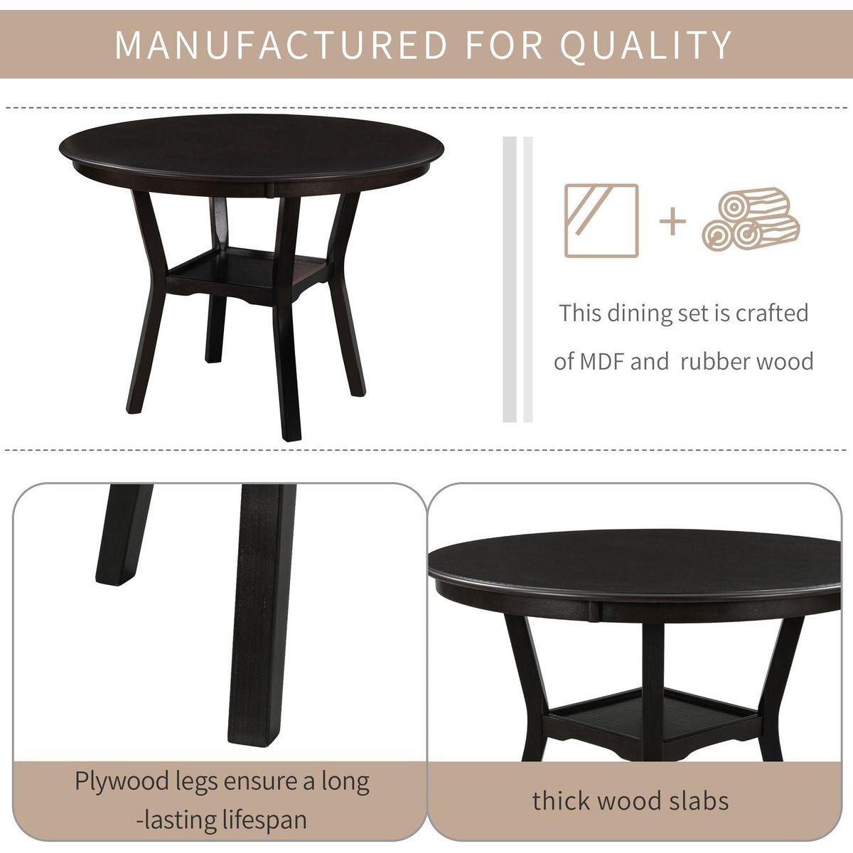 5-Piece Kitchen Dining Table Set Round Table with Bottom Shelf, 4 Upholstered Chairs for Dining Room (Espresso)