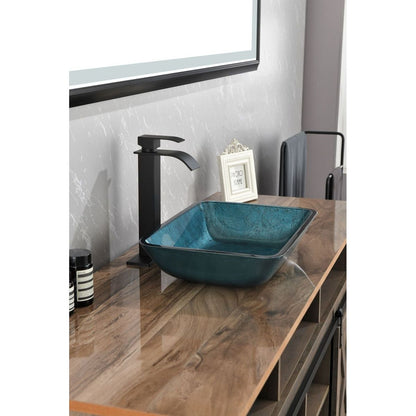 18.125" L -13.0" W -12.0" H Handmade Countertop Glass Rectangular Vessel Bathroom Sink Set in Blue Glass with Matte Black Single-Handle Single Hole Faucet and Pop Up Drain