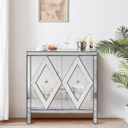 Storage Cabinet with Mirror Trim and Diamond Shape Design, Silver, for Living Room, Dining Room, Entryway, Kitchen