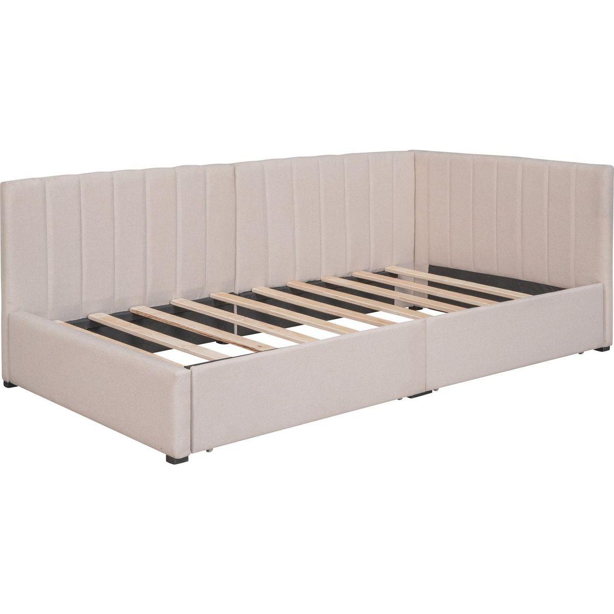 Upholstered Daybed with 2 Storage Drawers Twin Size Sofa Bed Frame No Box Spring Needed, Linen Fabric (Beige)