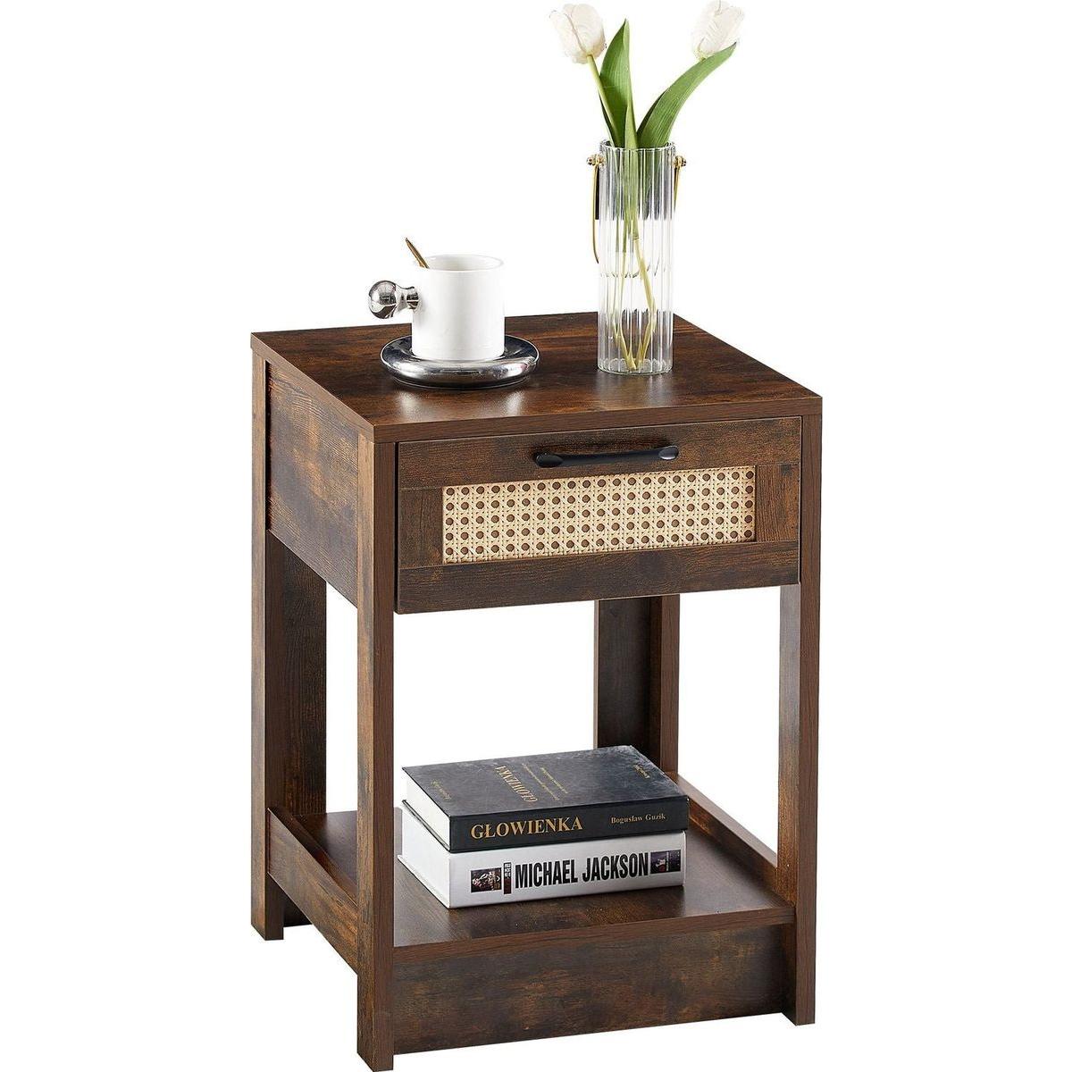 15.75" Rattan End table with drawer, Modern nightstand, side table for living roon, bedroom, Rustic Brown