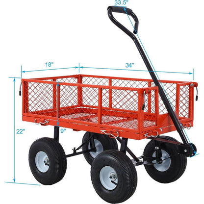 Steel Garden Cart, Steel Mesh Removable Sides, 3 cu ft, 550 lb Capacity, red