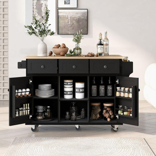 Kitchen Cart with Rubber wood Drop-Leaf Countertop, Cabinet door internal storage racks,Kitchen Island on 5 Wheels with Storage Cabinet and 3 Drawers for Dining Room, Black