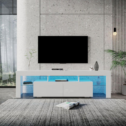 Modern gloss white TV Stand for 80 inch TV, 20 Colors LED TV Stand w/Remote Control Lights