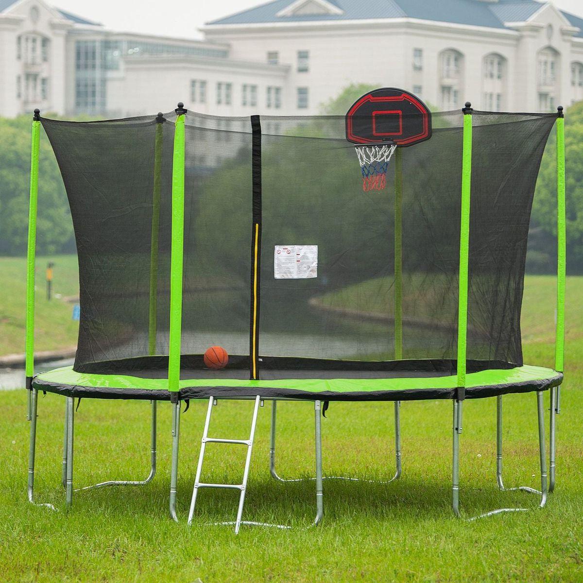 14FT Trampoline with Basketball Hoop Inflator and Ladder (Inner Safety Enclosure) Green - Streamdale Furniture