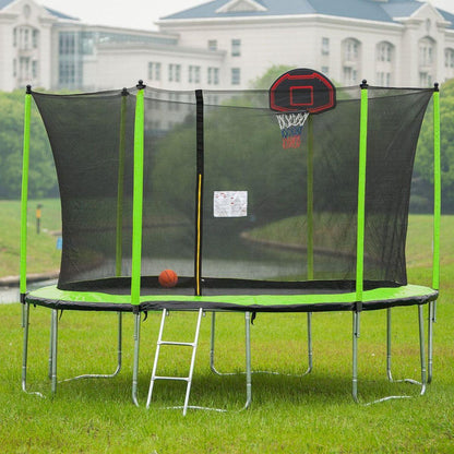 14FT Trampoline with Basketball Hoop Inflator and Ladder (Inner Safety Enclosure) Green - Streamdale Furniture
