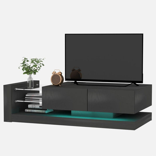 TV Console with Storage Cabinets, 16 Color 4 Modes Changing Lights Remote RGB LED TV Stand, Modern High Gloss Entertainment Center (Black, for 75 inches TV)