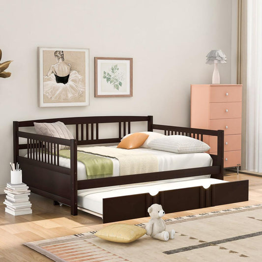 Full Size Daybed Wood Bed with Twin Size Trundle, Espresso - Streamdale Furniture
