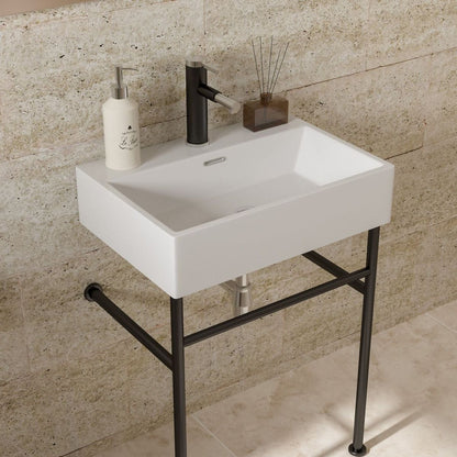 24" Bathroom Console Sink with Overflow, Ceramic Console Sink White Basin Black Legs