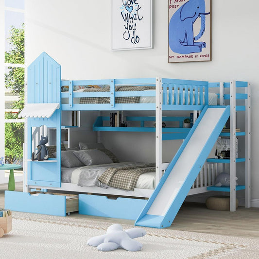 Full-Over-Full Castle Style Bunk Bed with 2 Drawers 3 Shelves and Slide - Blue