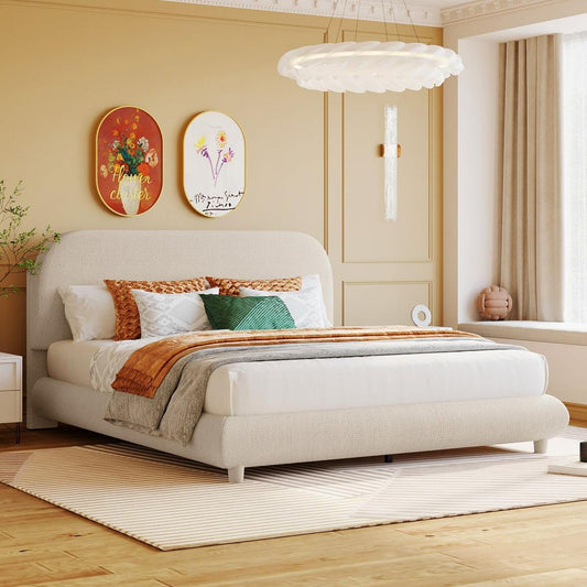 Teddy Fleece Queen Size Upholstered Platform Bed with Thick Fabric, Solid Frame and Stylish Curve-shaped Design, Beige