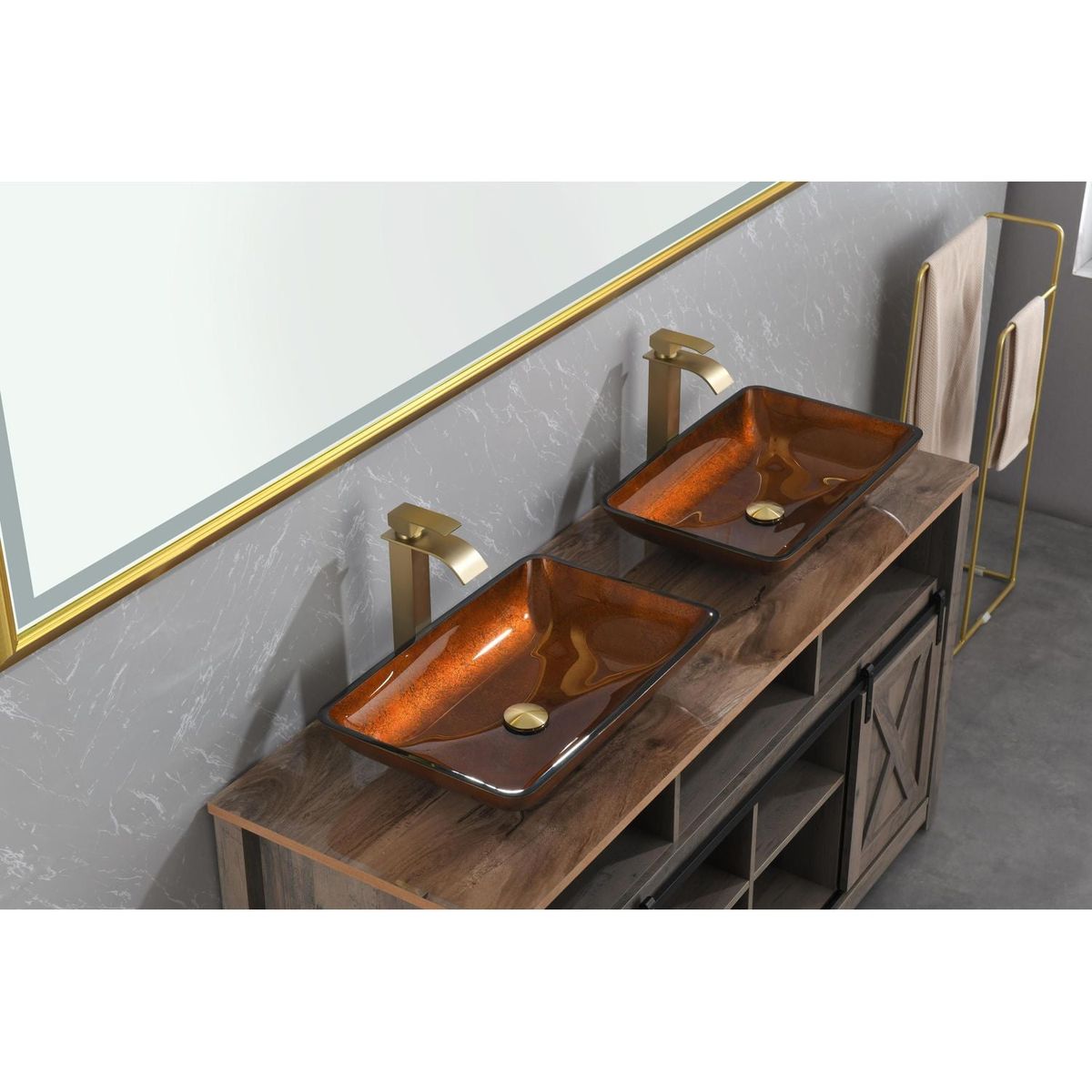 22.5" L -L -14.5" W -4 1/2 in. Handmade Glass Rectangle Vessel Bathroom Sink Set in Rich Chocolate Brown Finish with gold Faucet and gold Pop Up Drain