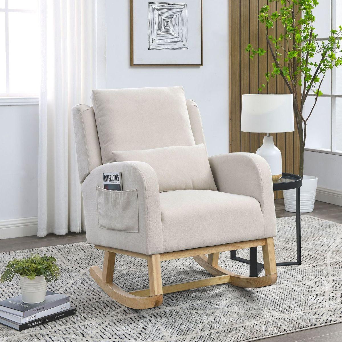 27.5" W Modern Accent High Back Living Room Casual Armchair Rocker with One Lumbar Pillow, Two Side Pockets.