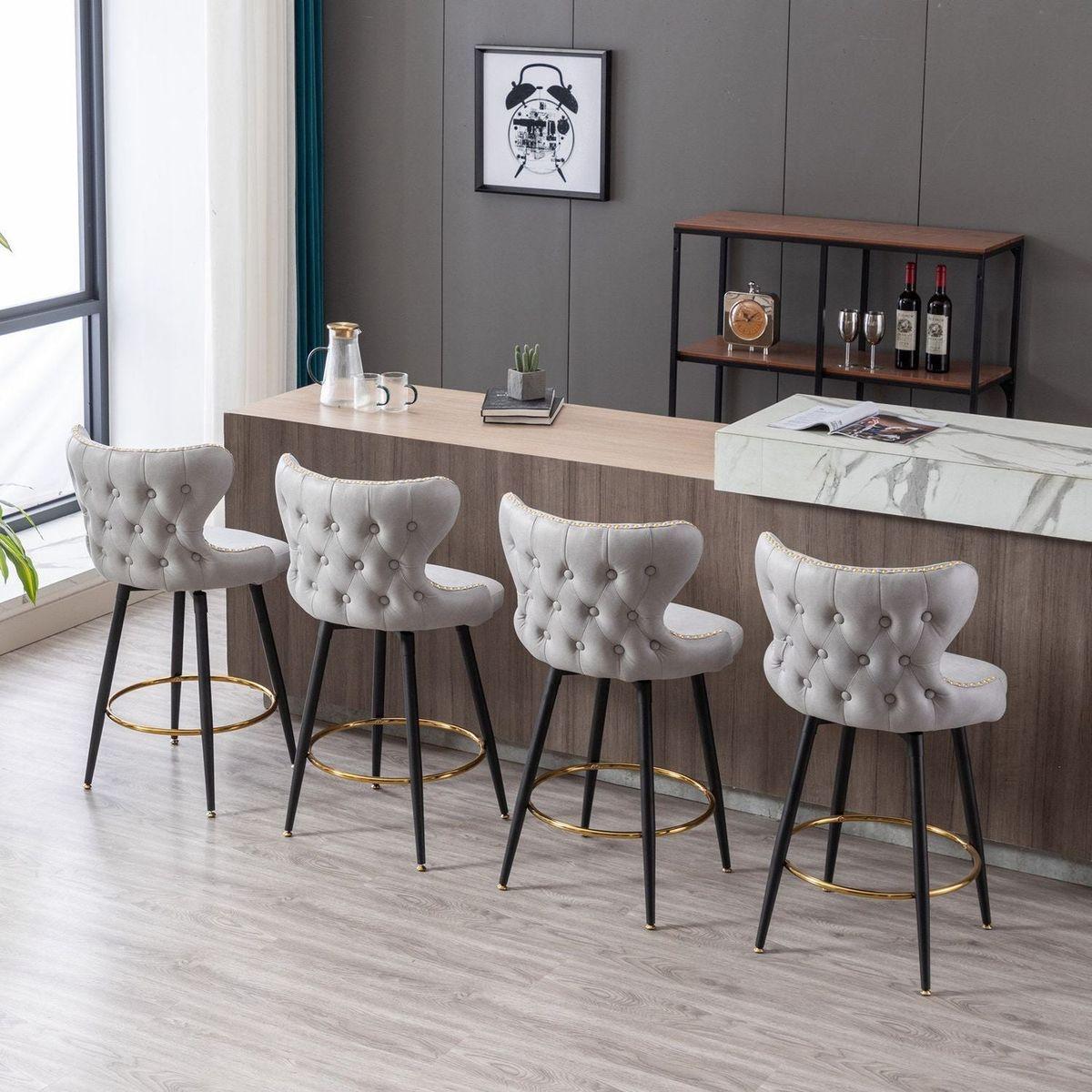 Counter Height 25" Modern Leathaire Fabric bar chairs, 180 degree Swivel Bar Stool Chair for Kitchen, Tufted Gold Nailhead Trim Bar Stools with Metal Legs, Set of 2 (Light Gray)