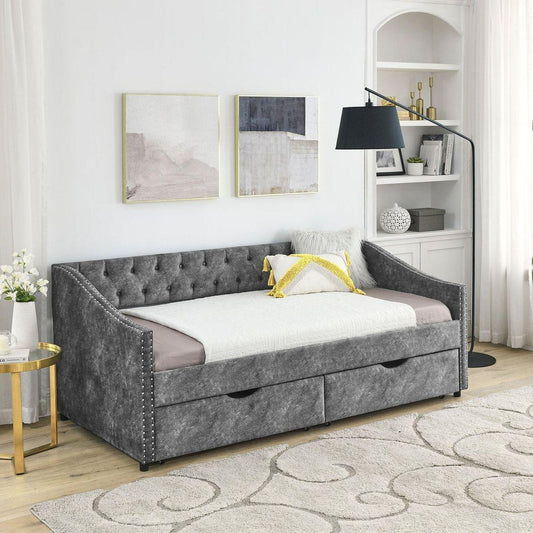 Twin Size Daybed with Drawers Upholstered Tufted Sofa Bed, with Button on Back and Copper Nail on Waved Shape Armsrey1.5"41"30.5"