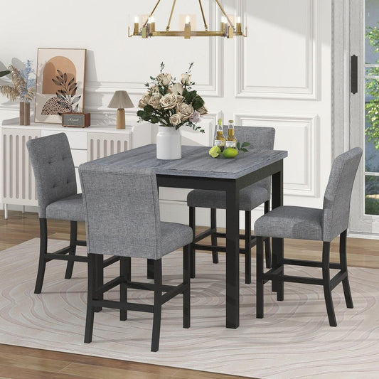 5-Piece Counter Height Dining Set Wood Square Dining Room Table and Chairs Stools w/Footrest & 4 Upholstered high-back Chairs, Black - Streamdale Furniture