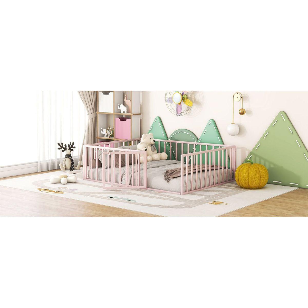 Full Size Metal Floor Bed Frame with Fence and Door, Pink