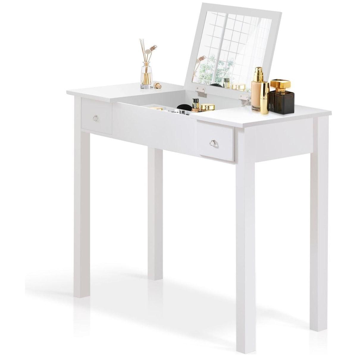 Accent White Vanity Table with Flip-Top Mirror and 2 Drawers, Jewelry Storage for Women Dressing