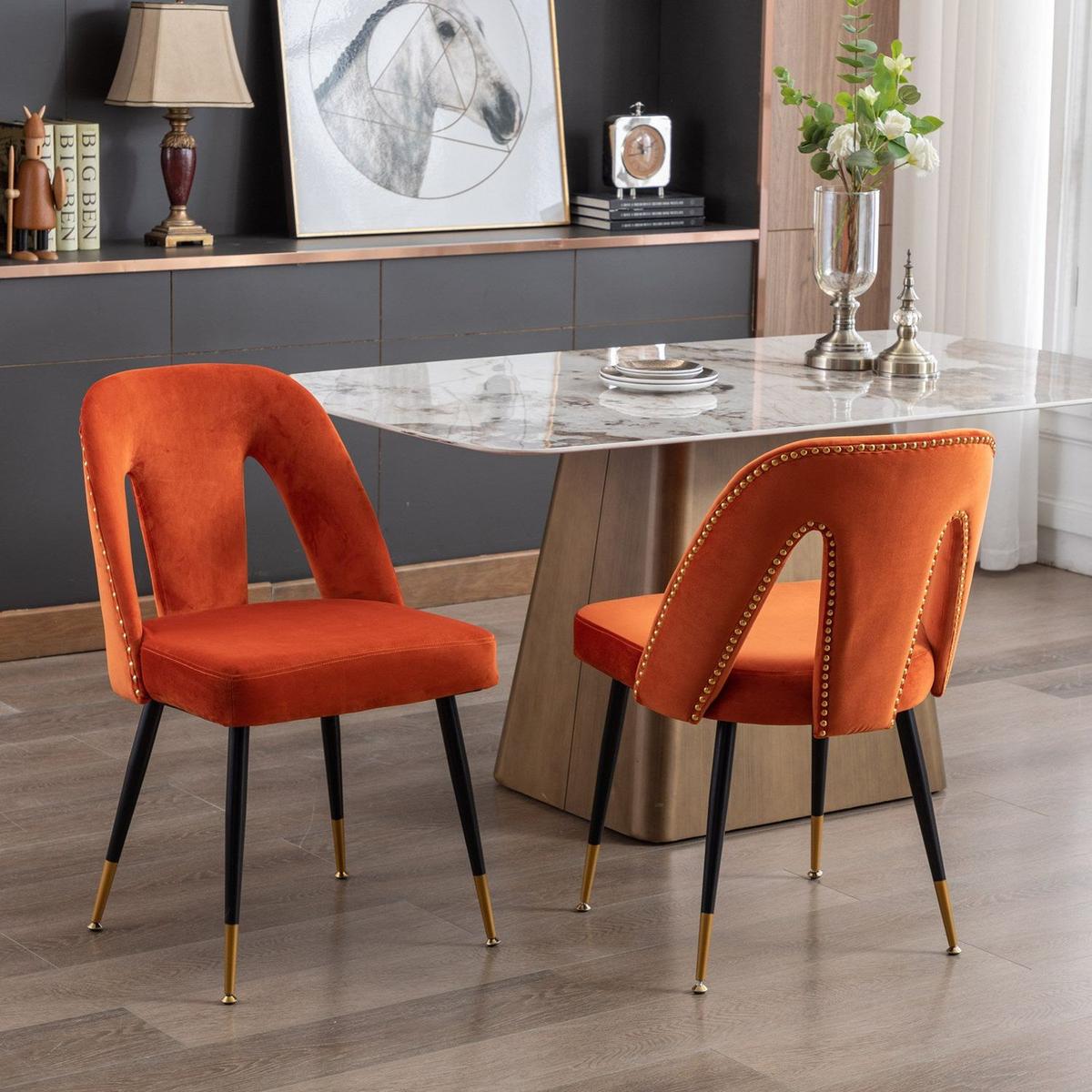 Akoya Collection Modern Contemporary Velvet Upholstered Dining Chair with Nailheads and Gold Tipped Black Metal Legs, Orangeet of 2