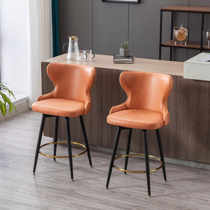 Counter Height 25" Modern Leathaire Fabric bar chairs, 180 degree Swivel Bar Stool Chair for Kitchen, Tufted Gold Nailhead Trim Bar Stools with Metal Legs, Set of 2 (Orange)