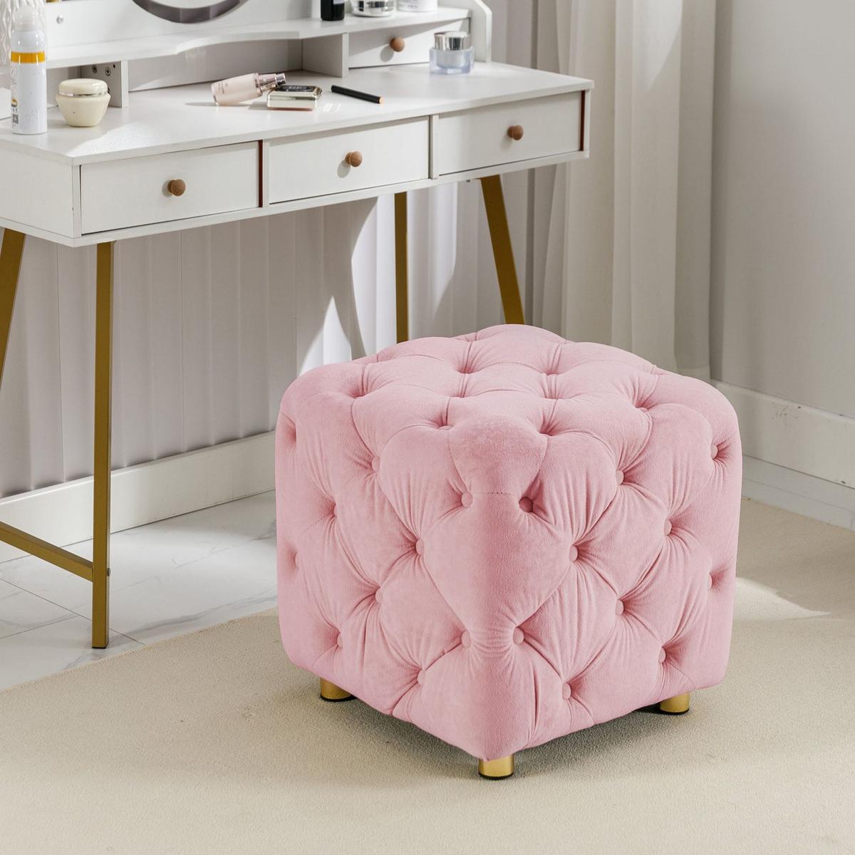 Pink Modern Velvet Upholstered Ottoman, Exquisite Small End Table, Soft Foot Stool, Dressing Makeup Chair, Comfortable Seat for Living Room, Bedroom, Entrance