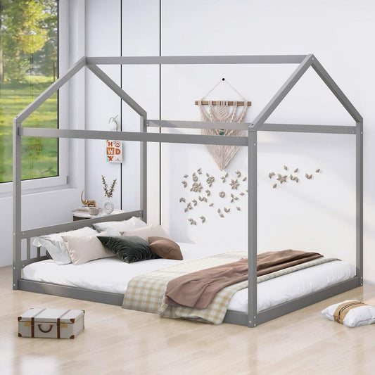 Queen Size Wooden House Bed with Headboard, Gray - Streamdale Furniture
