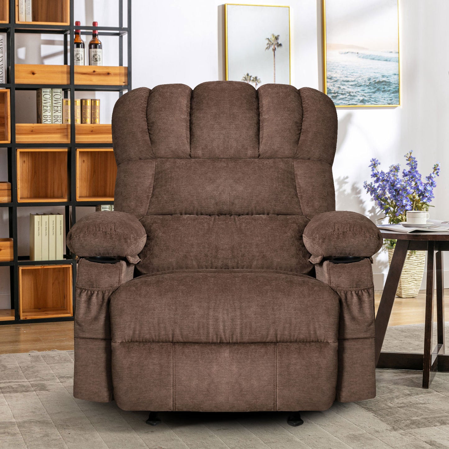 Recliner Chair Massage Heating sofa with USB and side pocket 2 Cup Holders (Brown)