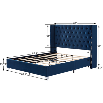 Queen bed, Button designed Headboard, strong wooden slats + metal legs with Electroplate