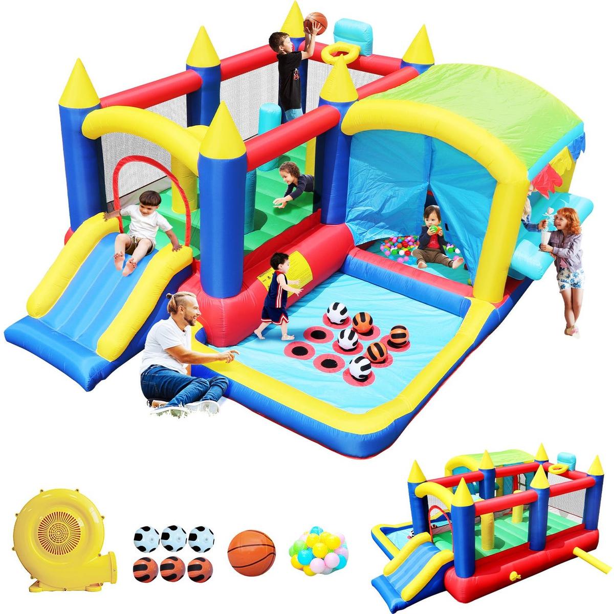 7 in 1 Inflatable Bounce House, Bouncy House with Ball Pit for Kids Indoor Outdoor Party Family Fun, Obstacles, Toddler Jump Bouncy Castle with Ball Pit for Birthday Party Gifts - Streamdale Furniture