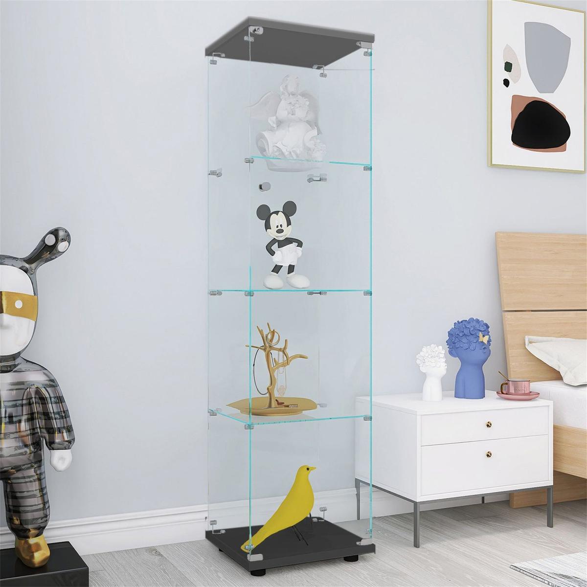 4 Shelves Glass Cabinet Glass Display Cabinet with One Door, Black - Streamdale Furniture