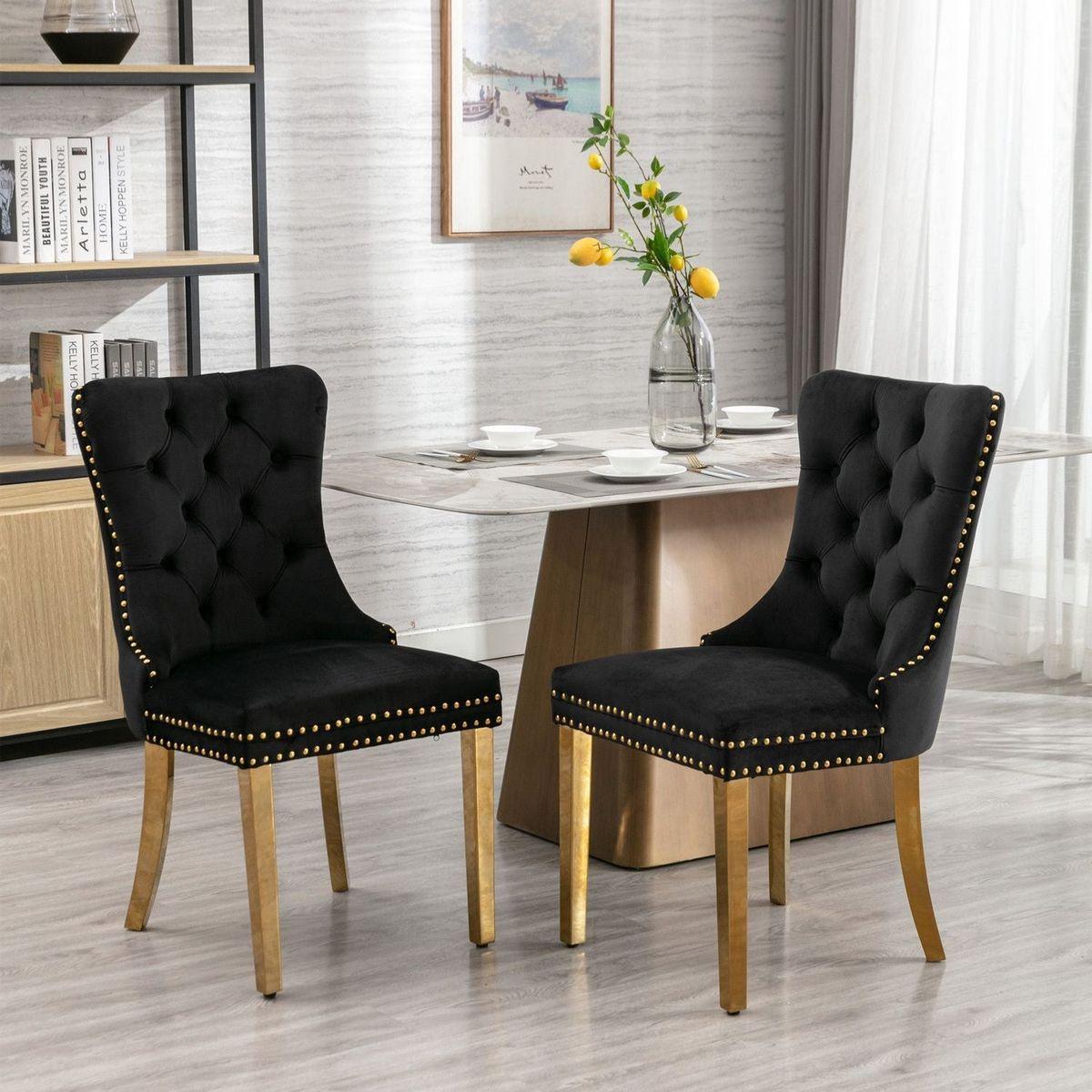 Nikki Collection Modern, High-end Tufted Solid Wood Contemporary Velvet Upholstered Dining Chair with Golden Stainless Steel Plating Legs, Nailhead Trim, Set of 2lack and Gold