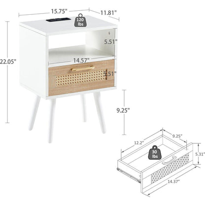 15.75" Rattan End table with Power Outlet & USB Ports, Modern nightstand with drawer and solid wood legs, side table for living roon, bedroom, white