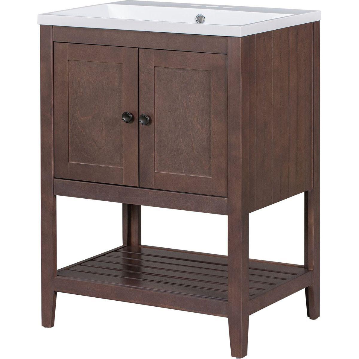 24" Brown Modern Sleek Bathroom Vanity Elegant Ceramic Sink with Solid Wood Frame Open Style Shelf