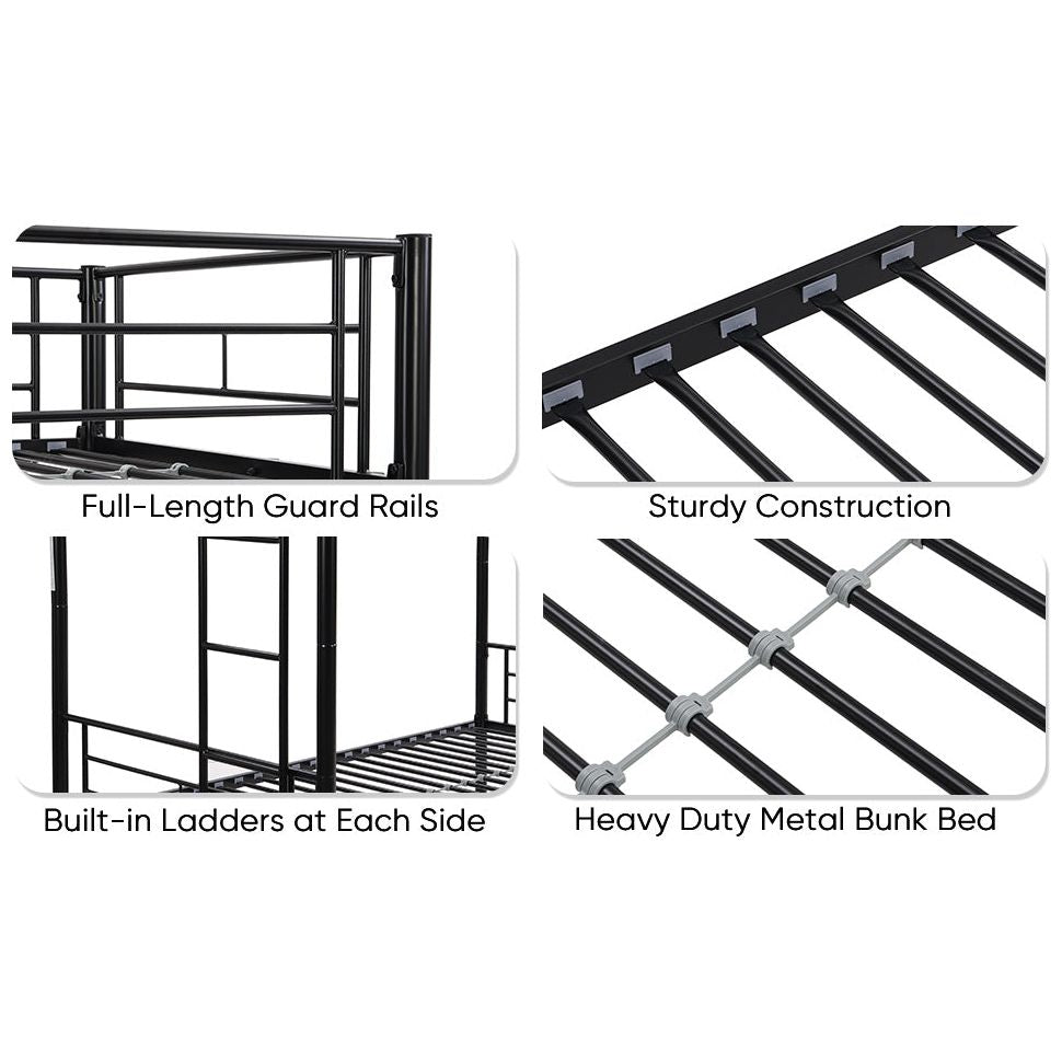 Over Twin Bunk Bed Frame with Trundle,Metal Bunkbed with Sturdy Guard Rail and 2 sideLadders for Kids/Adults,Can be Divided Into Two Beds, No Box Spring Needed, Noise Free for Dorm,Black