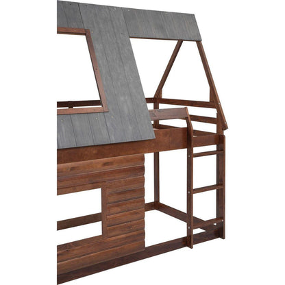 Wood Twin Size House Bunk Bed with Roof, Ladder and 2 Windows, Oak & Smoky Grey