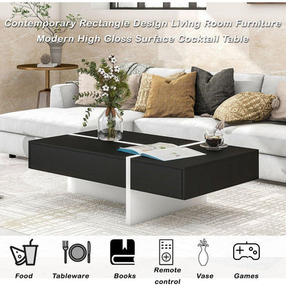 Contemporary Rectangle Design Living Room Furniture, Modern High Gloss Surface Cocktail Table, Center Table for Sofa or Upholstered Chairs, 45.2x25.5x13.7in, Black